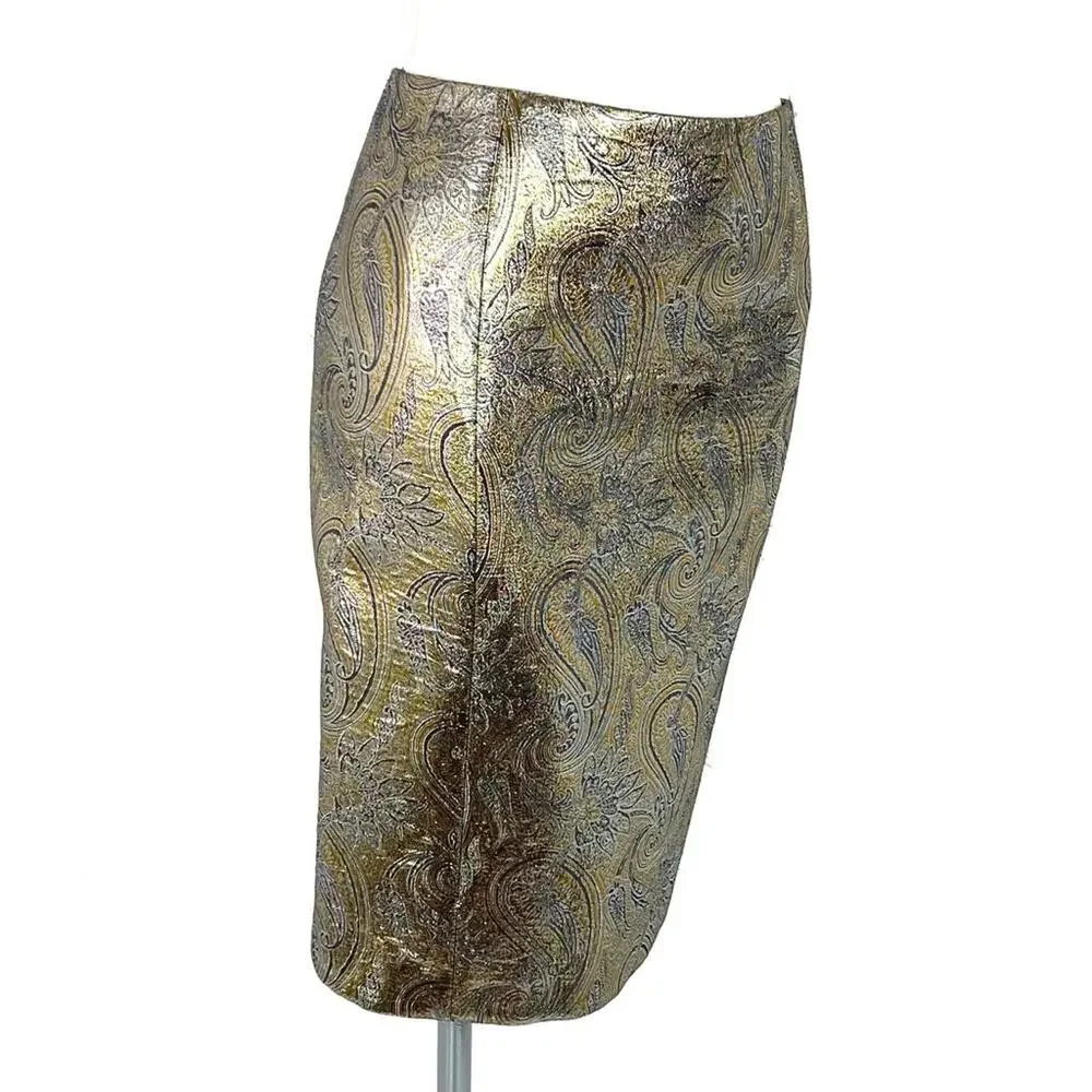 Jenni Kayne Metallic Brocade Knee Length Pencil Skirt XS Designer Silk Blend